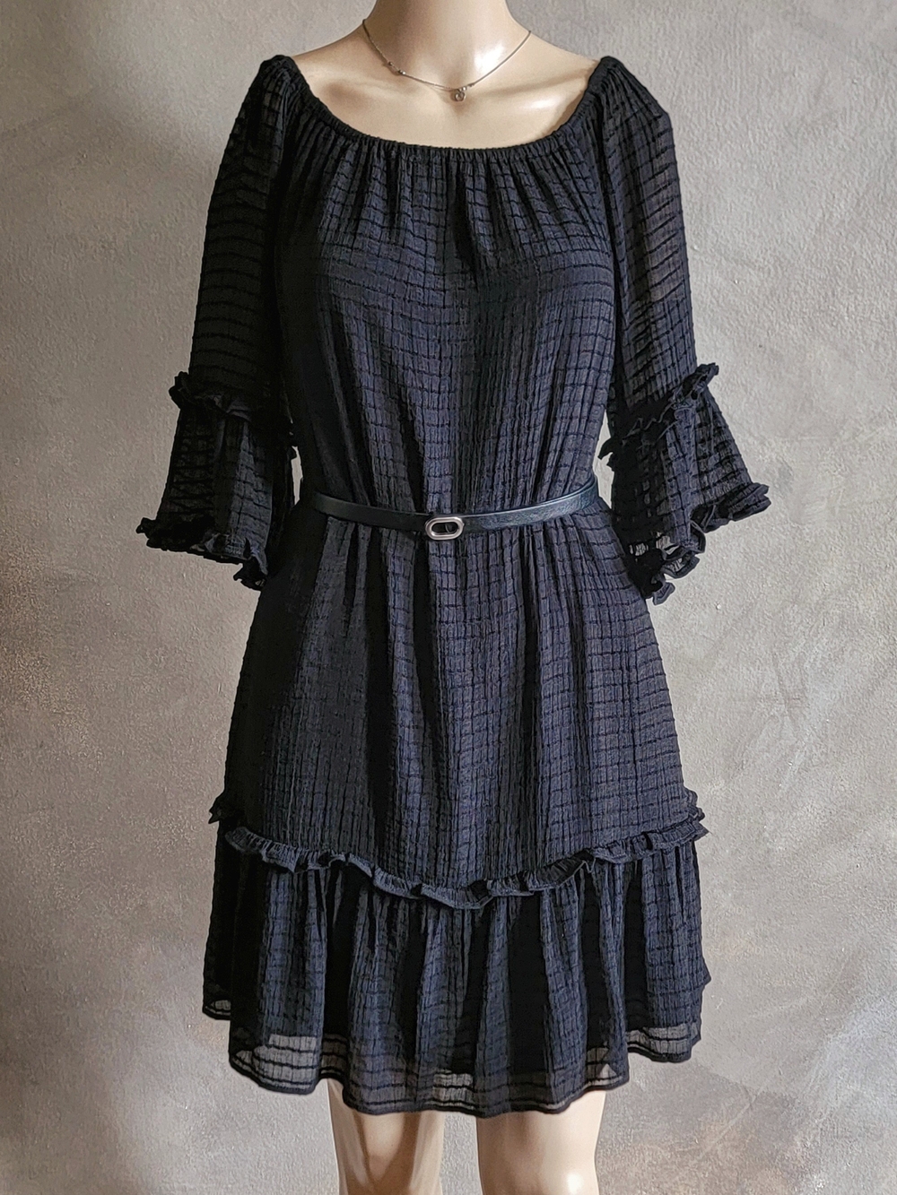 CeCe Black Textured Ruffle Tiered Bell Sleeve Dress with Belt